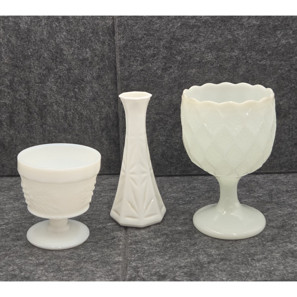 3 Piece Vtg E. O. Brody Co Vase Goblet Desert White Milk Glass Hoosier MCM